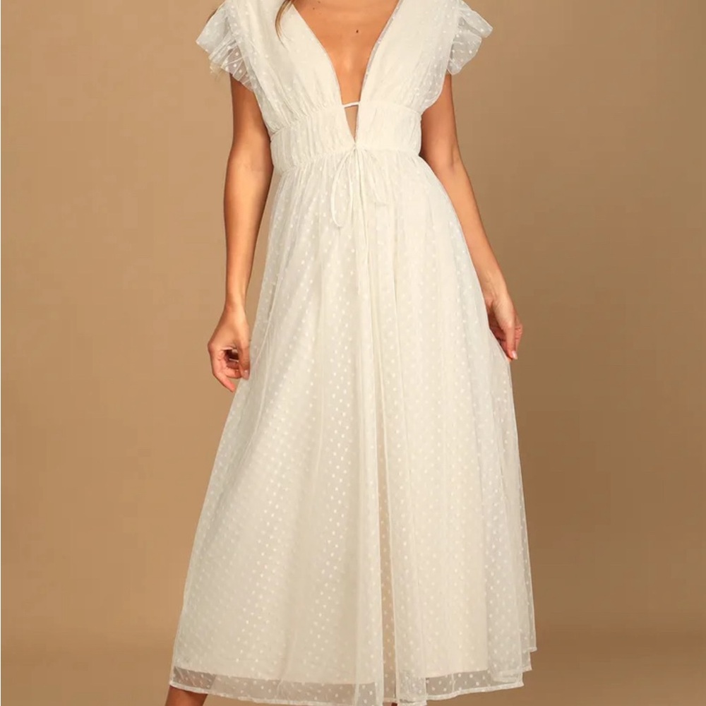 Yours Evermore Cream Swiss Dot Ruffled Midi Dress | Lulus